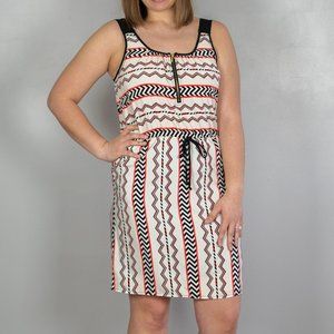 Bobeau Patterned Dress w/ Zipper & Tie Waist